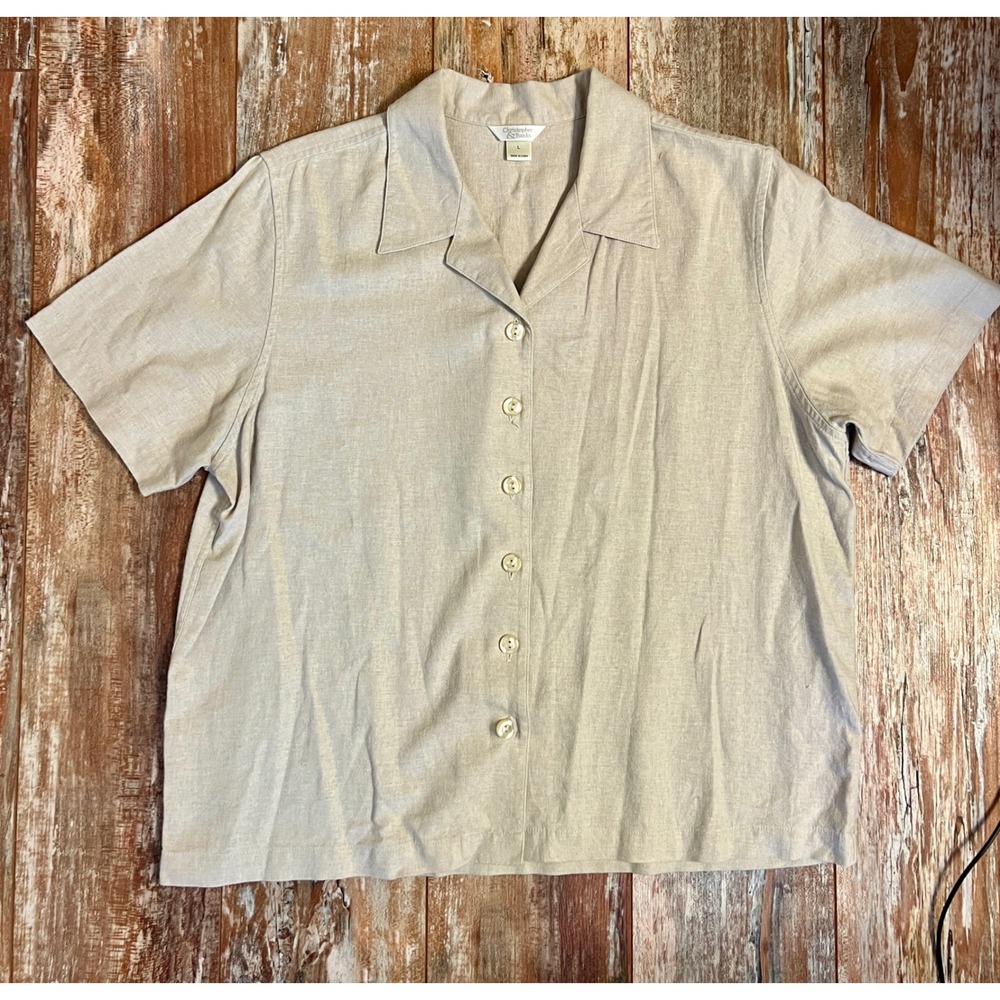 Christopher & Banks Linen Blend Button Down Shirt Beige Short Sleeve Large